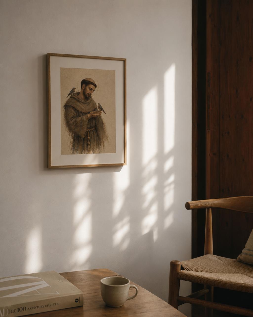 Obra de São Francisco de Assis emoldurada na parede, ao lado de uma cadeira e de uma mesa de madeira